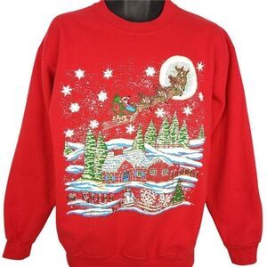 Christmas Sweatshirt Vintage 90s Santa Claus Reindeer Flying Sleigh Mens Medium